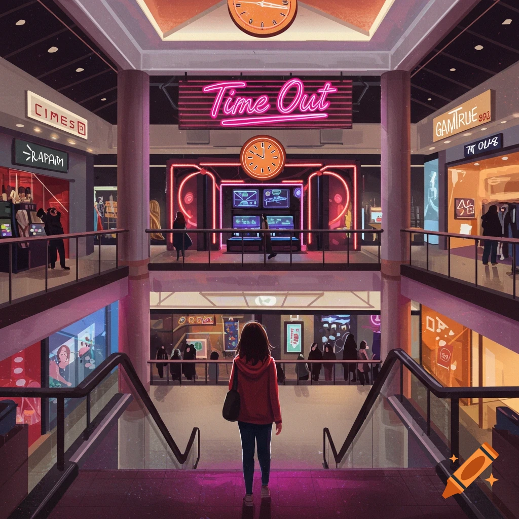 A person stands looking down escalators in a retro-style shopping mall with neon signs.