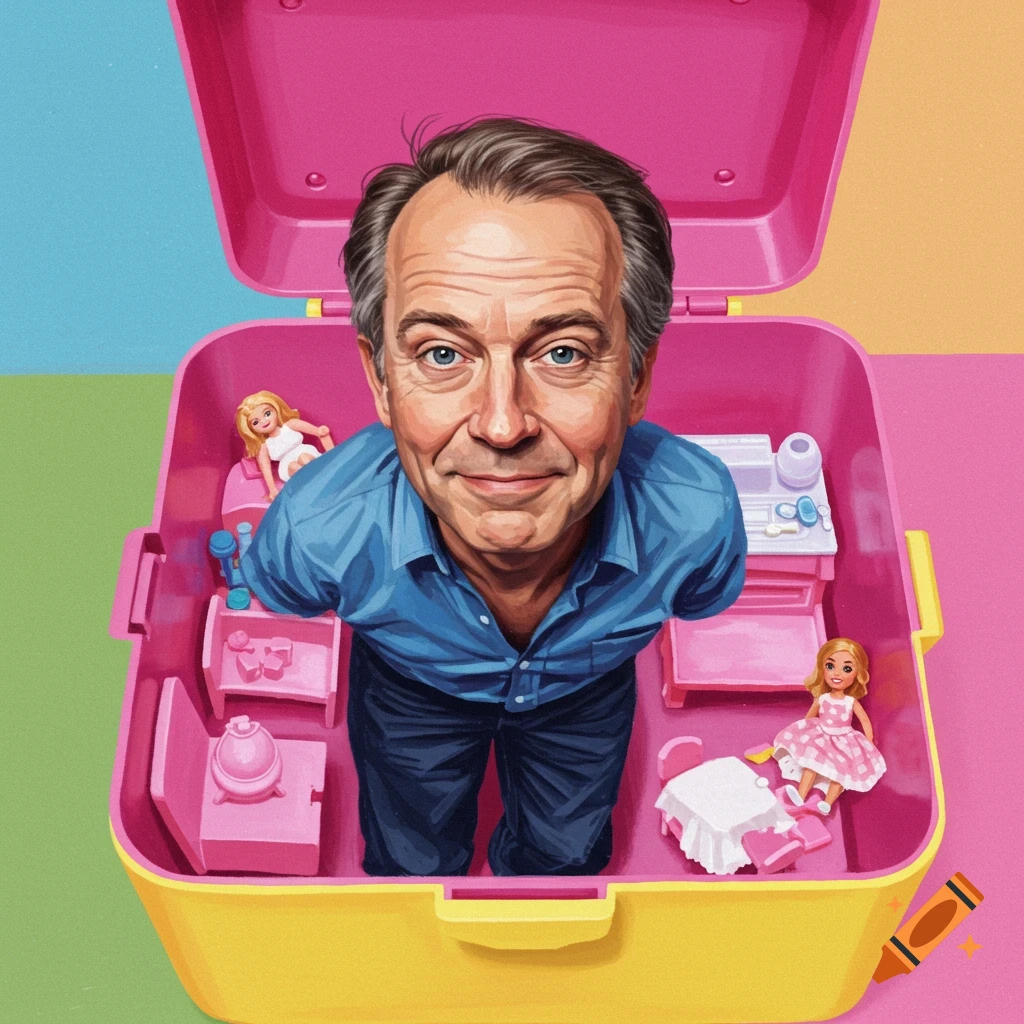 An illustration of a man inside a large pink and yellow toy box with small doll toys.