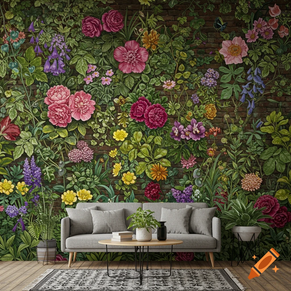 A grey sofa and coffee table sit in front of a wall covered in a vibrant mural of flowers, vines, and leaves.