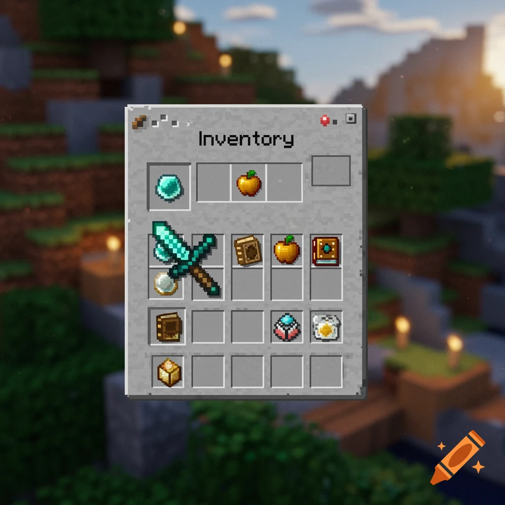Minecraft inventory interface with diamond sword, golden apples, and items on a blurred landscape background in pixelated style.