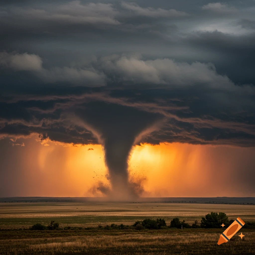 A large tornado looms over a field under a stormy sky with rain and orange light.