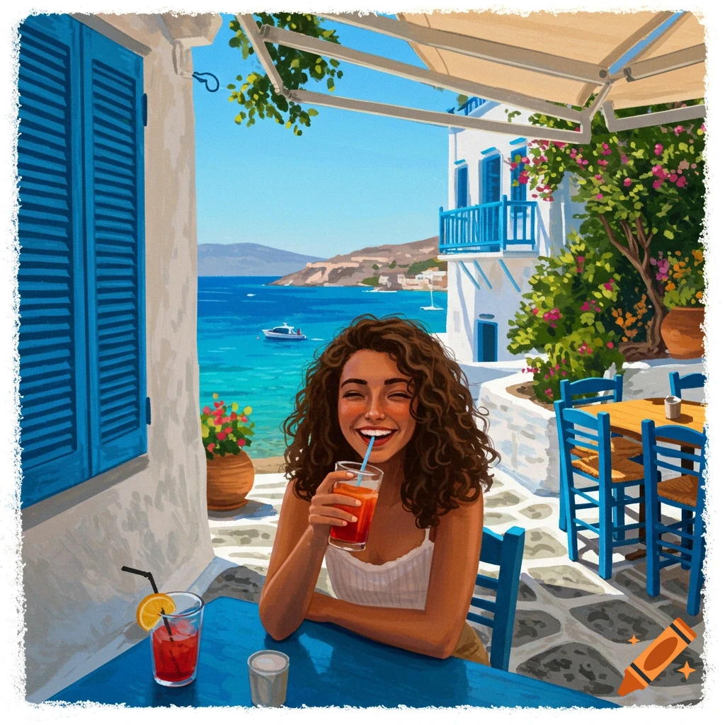 A smiling woman drinks a beverage at a table in a Greek seaside cafe.