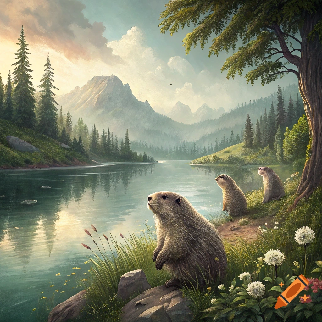 Three marmots stand by a lake with mountains and forests in the background.