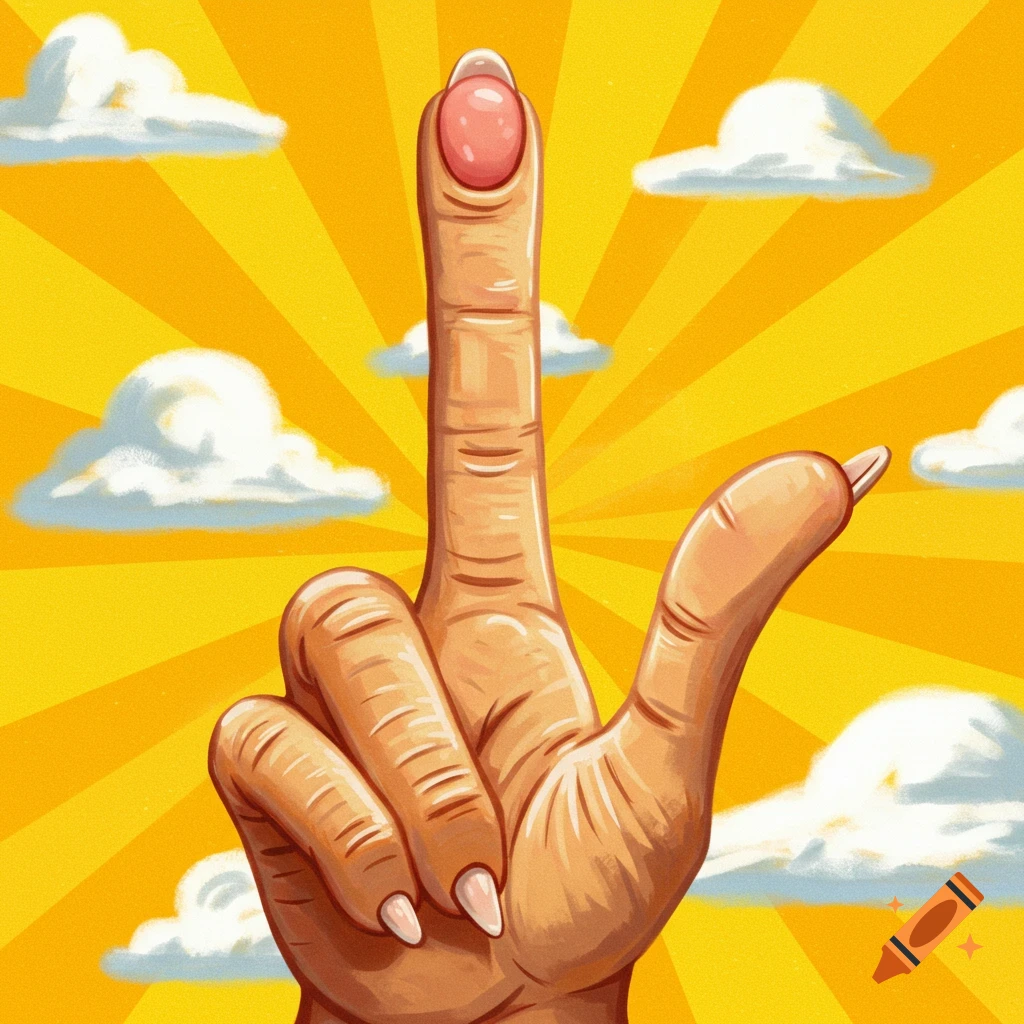 A human hand with the middle finger raised against a yellow background with sun rays and clouds.