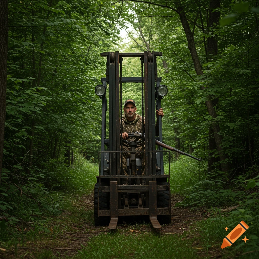 A hunter in camouflage drives a forklift down a forest path with a rifle.