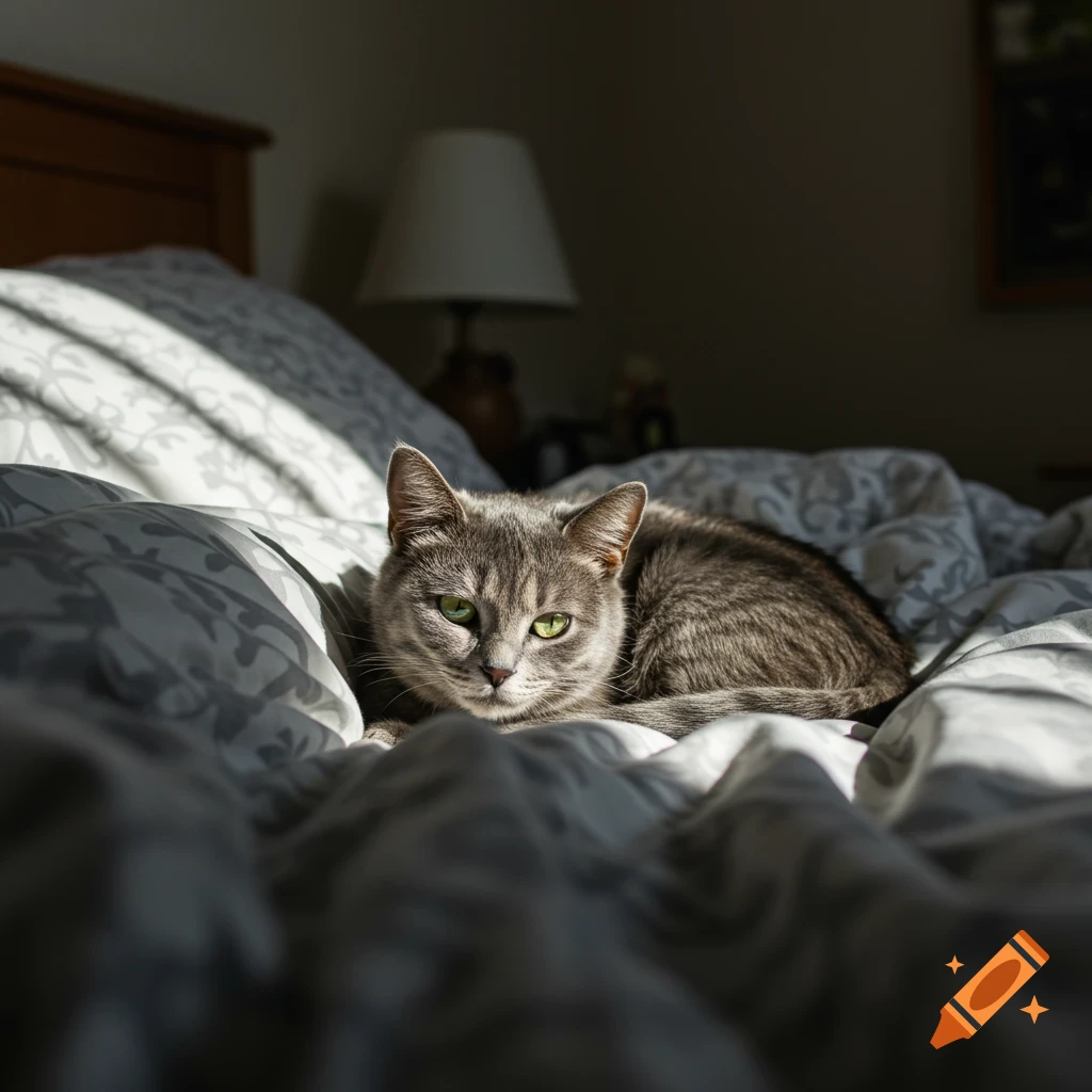 A gray tabby cat with green eyes lies curled up on a rumpled bed in a shaft of sunlight.