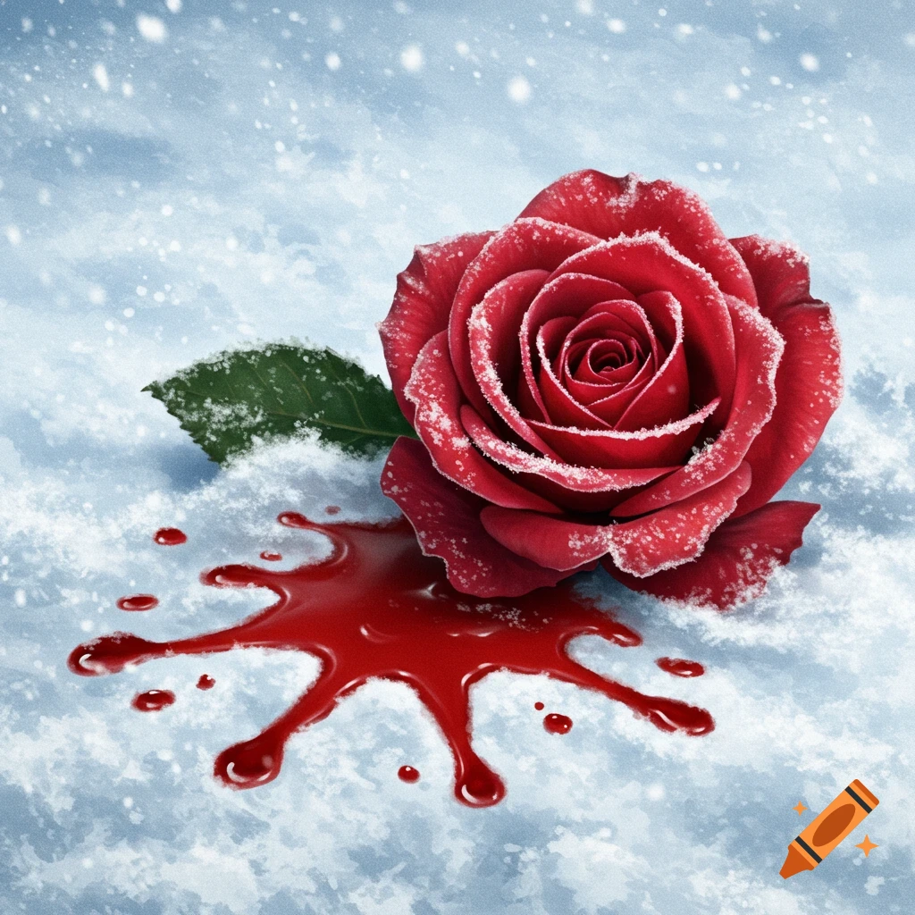A red rose lies in snow with a pool of blood.