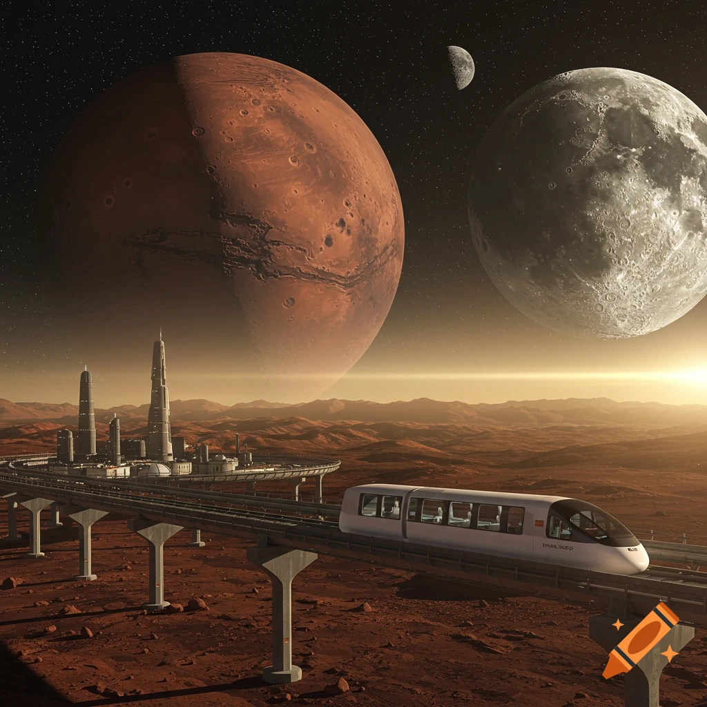 A futuristic train crosses a red alien landscape with a city and large planets in the sky.