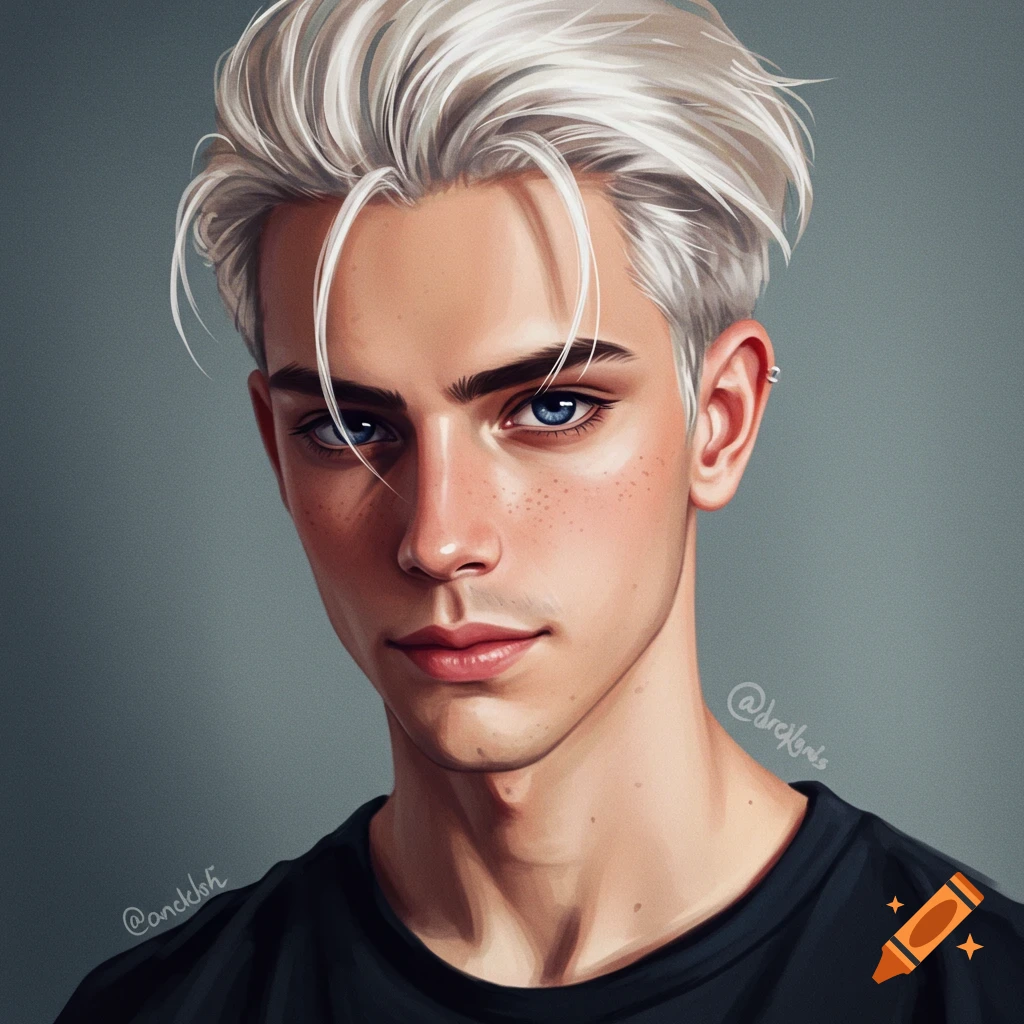 Portrait of a young man with white blonde hair and blue eyes.