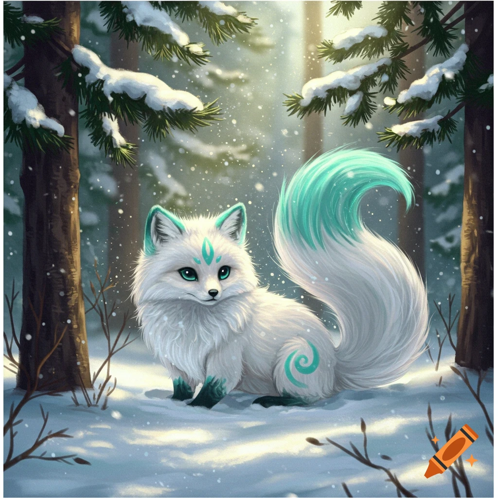 White fox with teal markings sitting in a snowy forest.