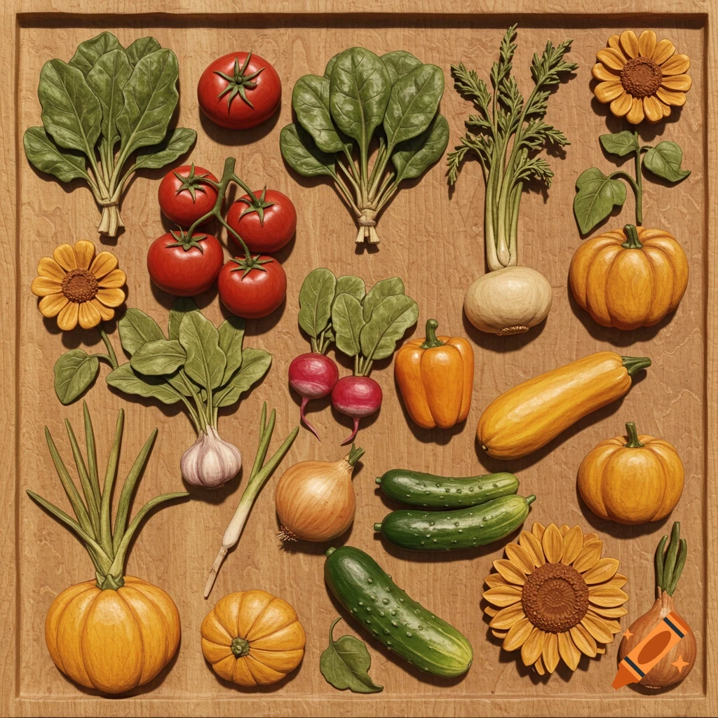 Wood relief carving of various vegetables and sunflowers arranged on a surface.
