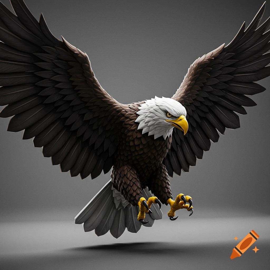 Stylized eagle with outstretched wings in flight against a gray background.