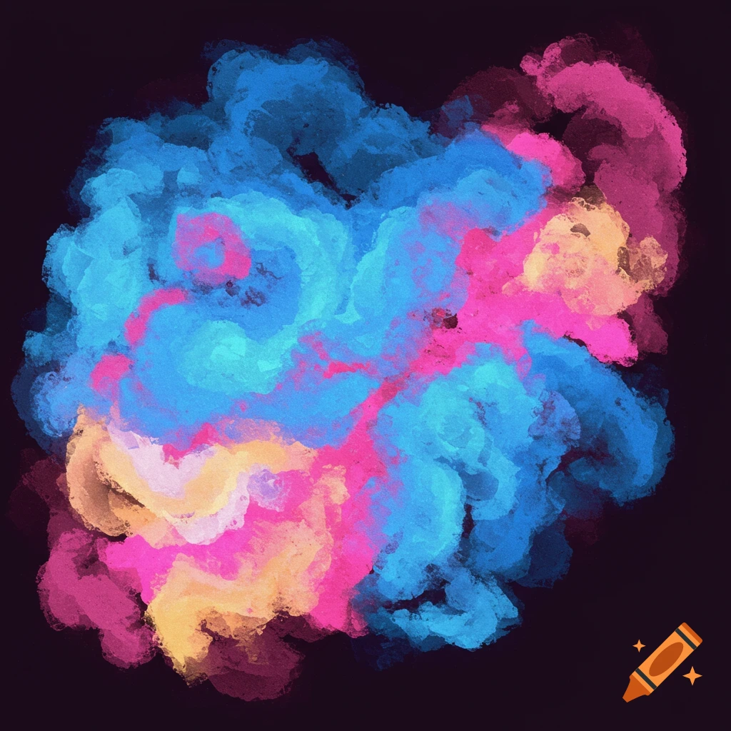 Abstract painting with blue, pink, yellow, and white strokes on a dark background.