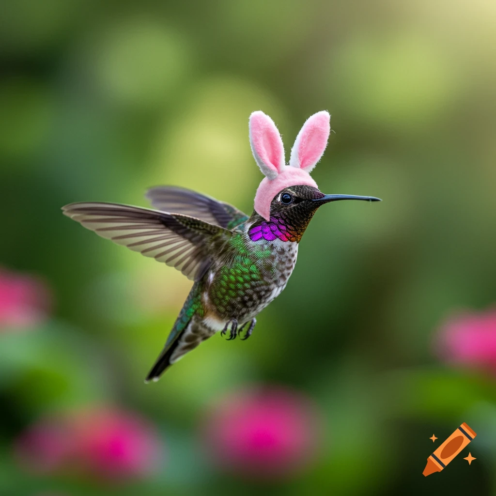 Realistic photo of a hummingbird in flight wearing a pink bunny ears hat.