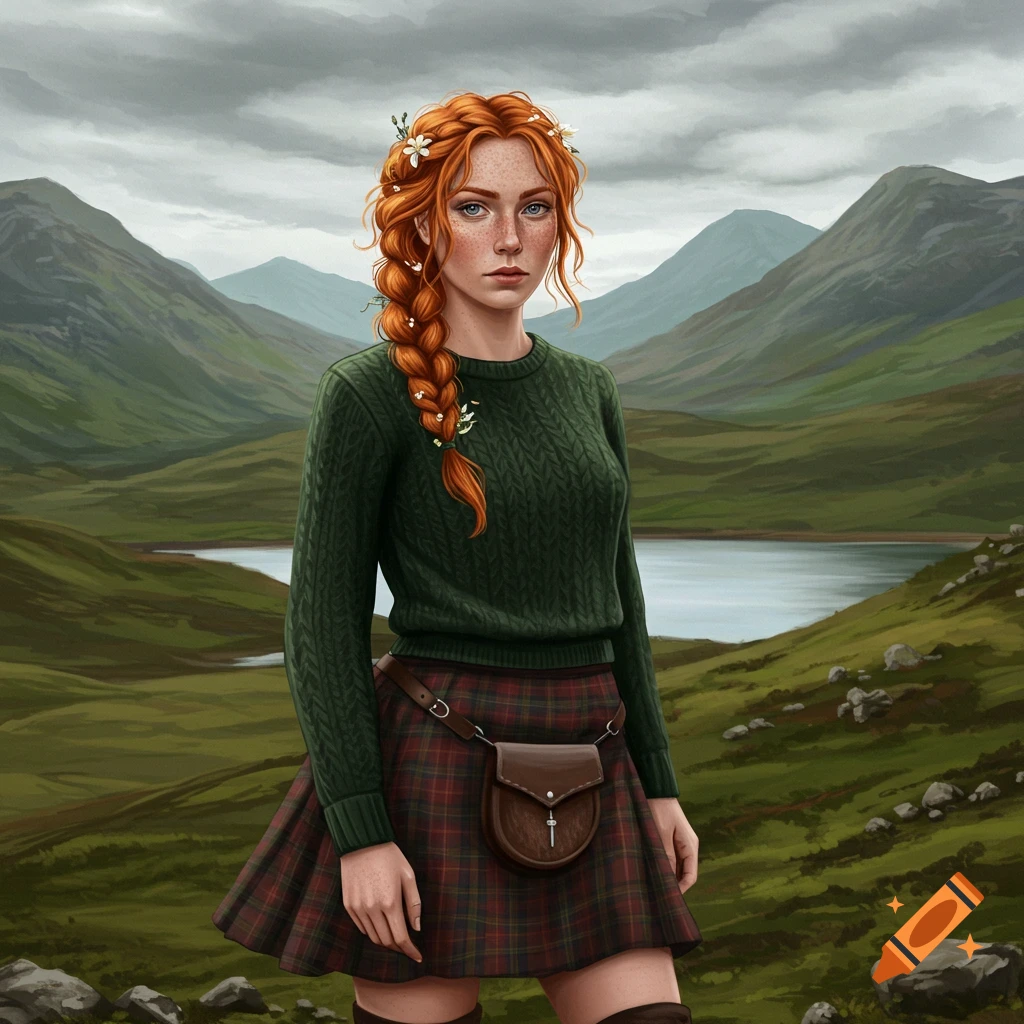 A red-haired woman in kilt and sweater in Scottish highlands.