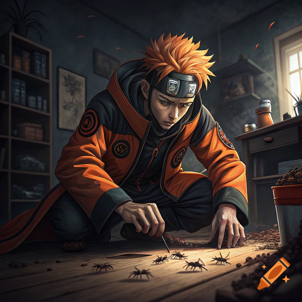 Anime character resembling Naruto crouches, using a stick to poke at ants on a wooden floor.