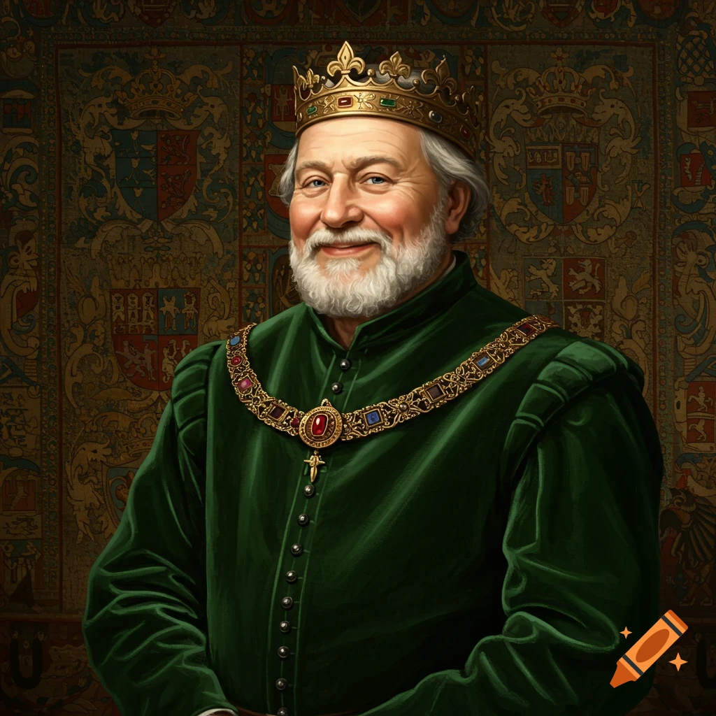 Portrait of a smiling man with a white beard wearing a gold crown, jeweled collar, and green velvet robe.
