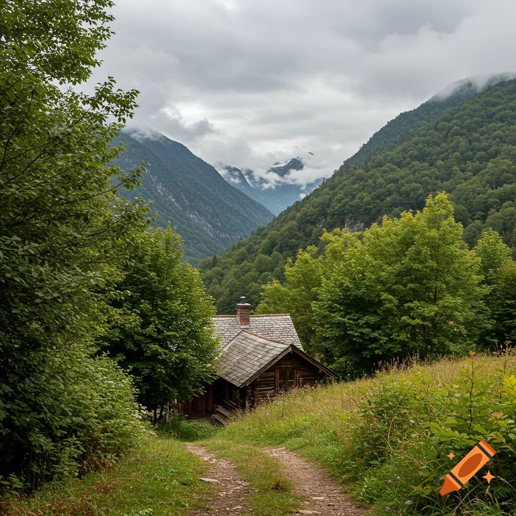 Dirt path leading to a cabin in a lush green mountain valley under cloudy sky.