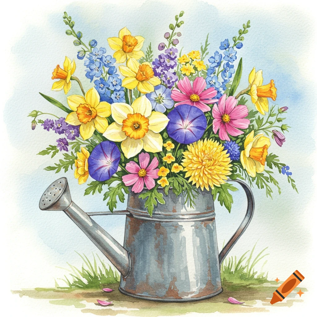 Watercolor painting of colorful flowers including daffodils and cosmos in a metal watering can.