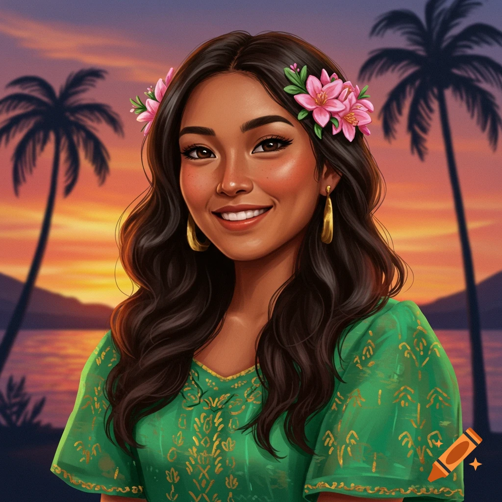 A portrait of a woman with flowers in her hair and a green dress against a sunset beach background with palm trees.