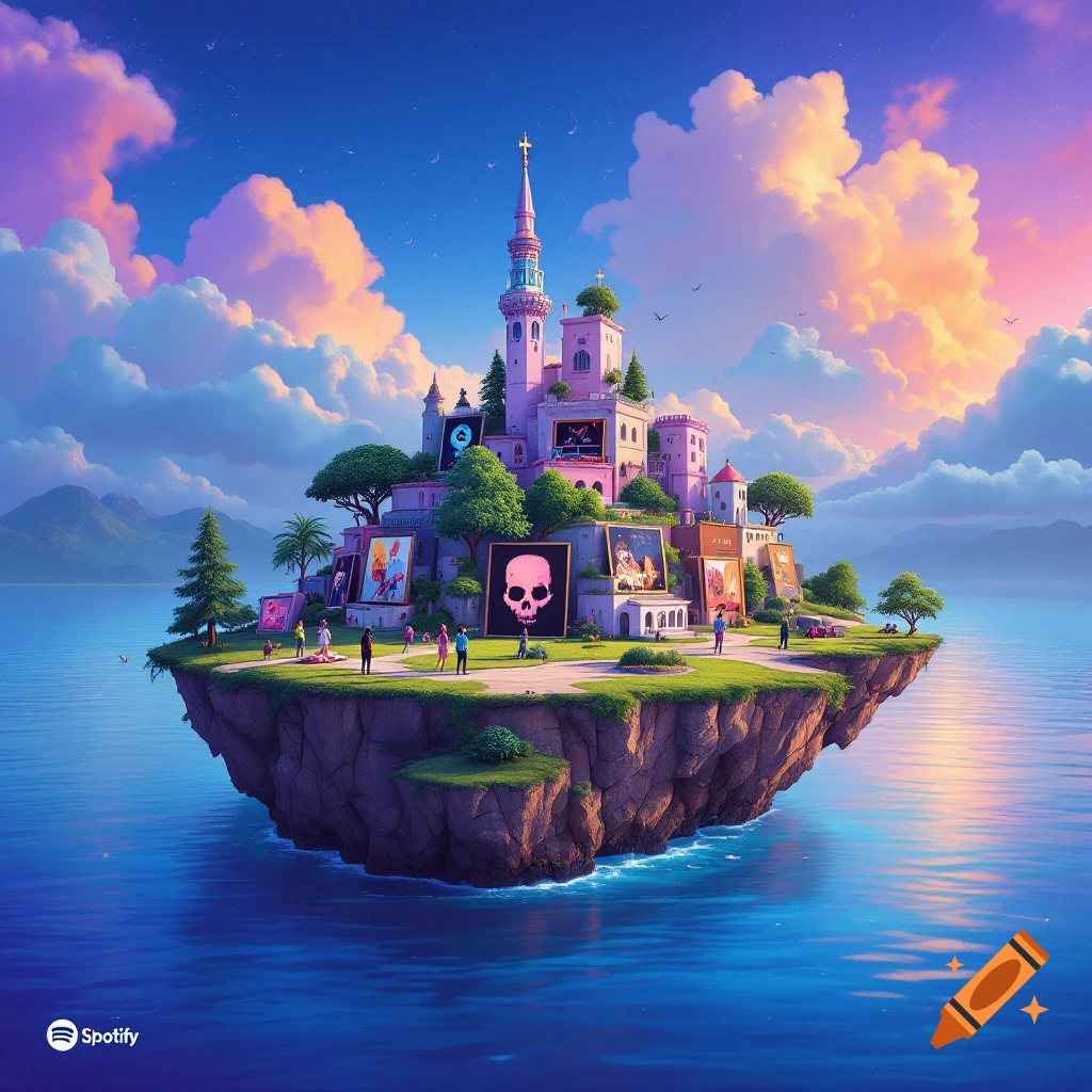 Floating island with a pink castle, trees, and people looking at large album cover displays over the water.