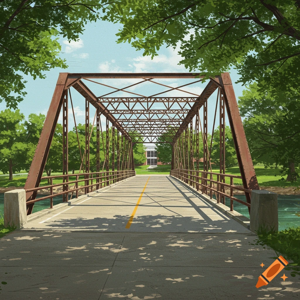 A rusty metal truss bridge on a college campus, with trees and a building in the background.