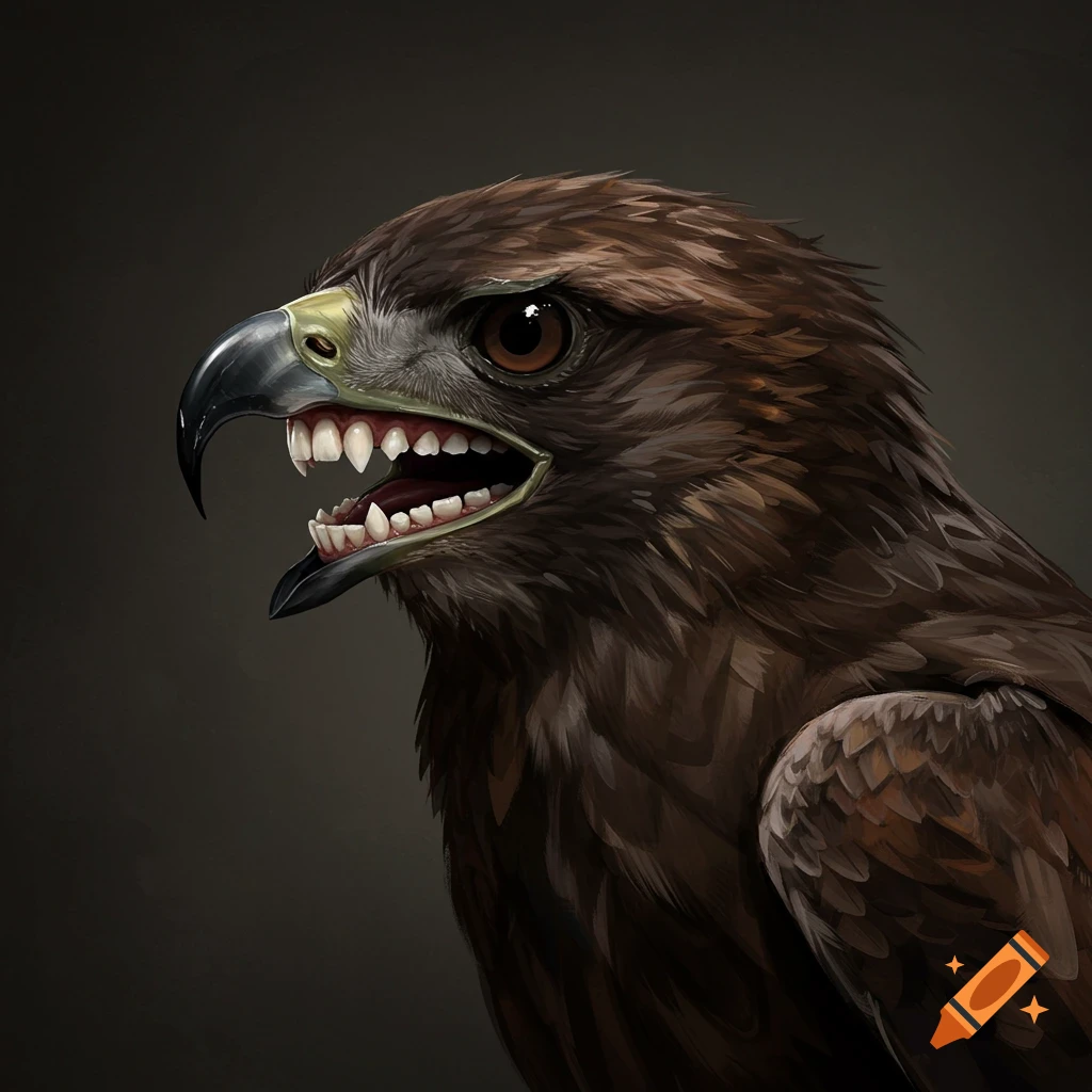 A bird's head with human teeth and an open mouth is depicted against a dark background.