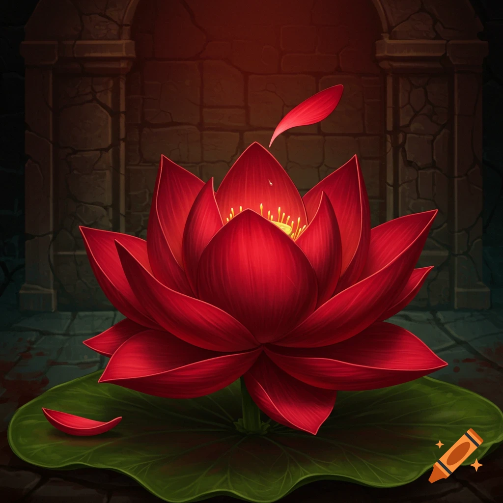A red lotus flower on a leaf in a dark dungeon.