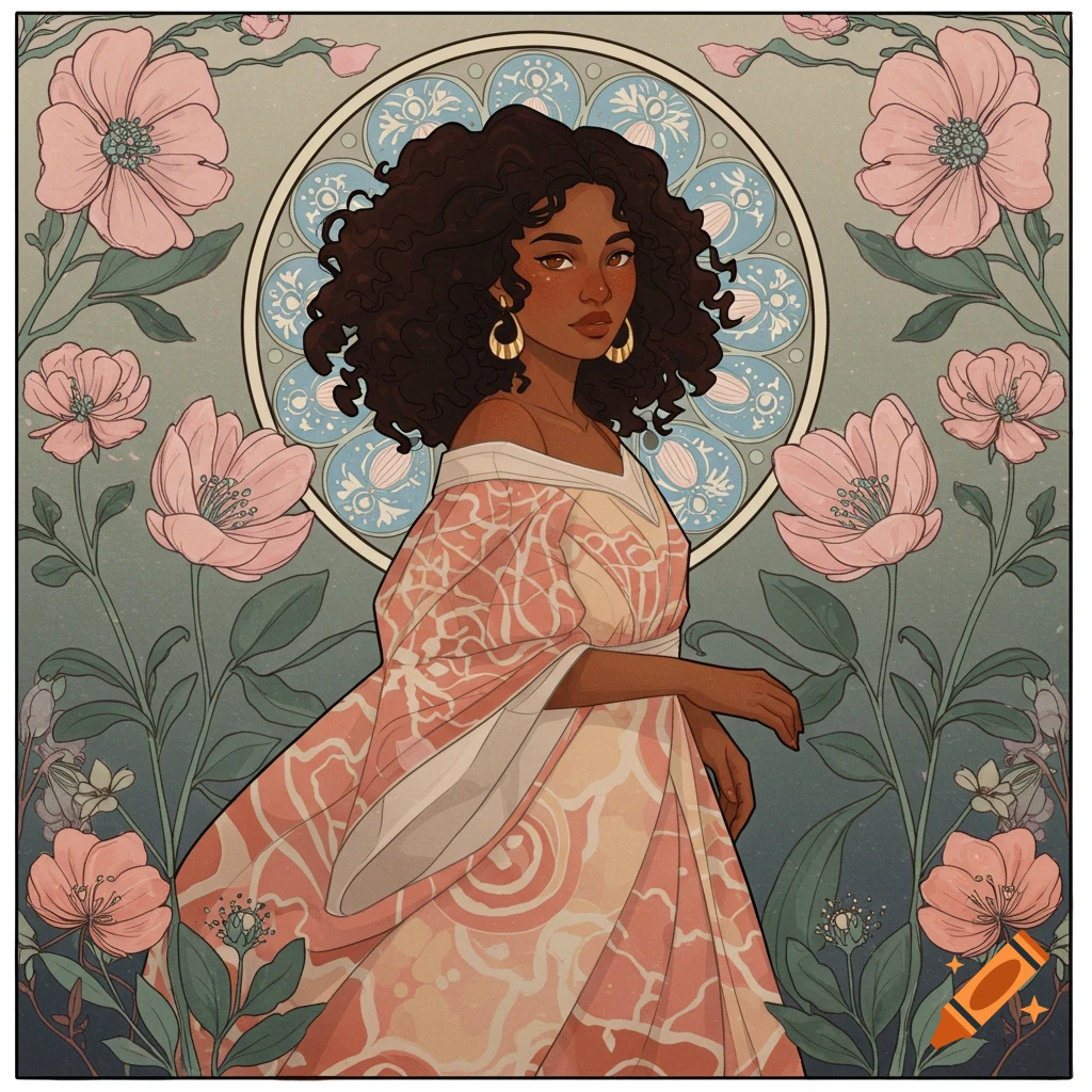 Illustration of a woman with curly hair and gold earrings in a pink patterned dress, set against a floral and geometric background.