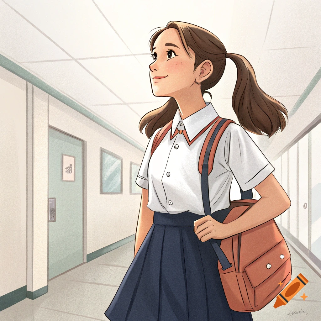 Illustration of a high school girl walking in a hallway with a backpack.