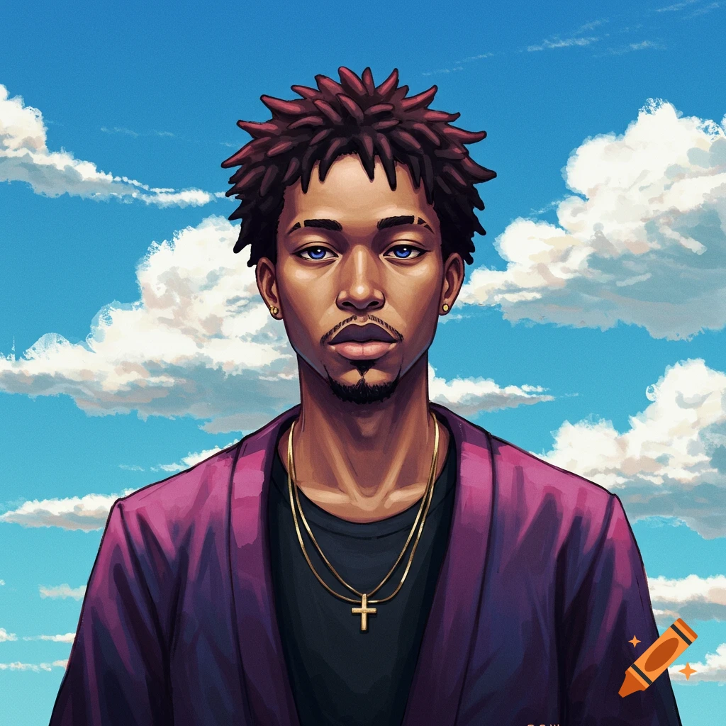 A man with blue eyes and dreadlocks wears a purple jacket against a cloudy sky.