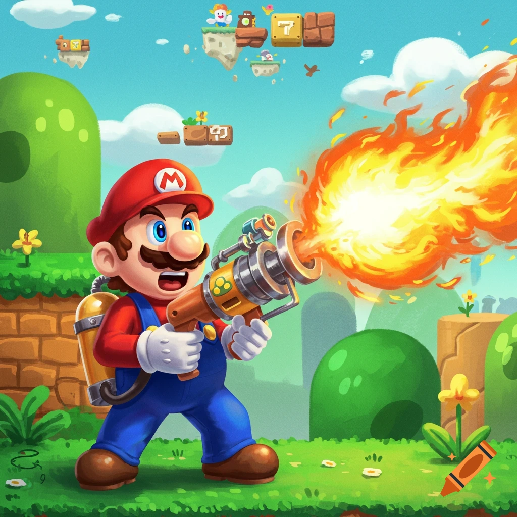 Mario shoots a flamethrower in a vibrant Super Mario Bros. level with floating blocks and Goombas.