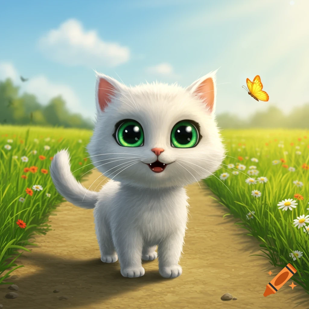 Cute cartoon kitten with big green eyes walking on a path in a sunny field with flowers and a butterfly.