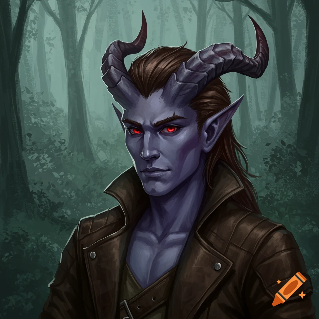 Fantasy illustration of a blue-skinned Tiefling with red eyes and horns in a leather jacket, standing in a forest.