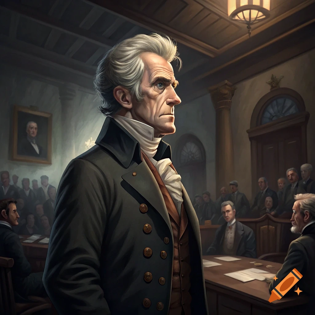 Illustration of a stern man resembling Andrew Jackson in historical attire standing in a dimly lit room with other figures.