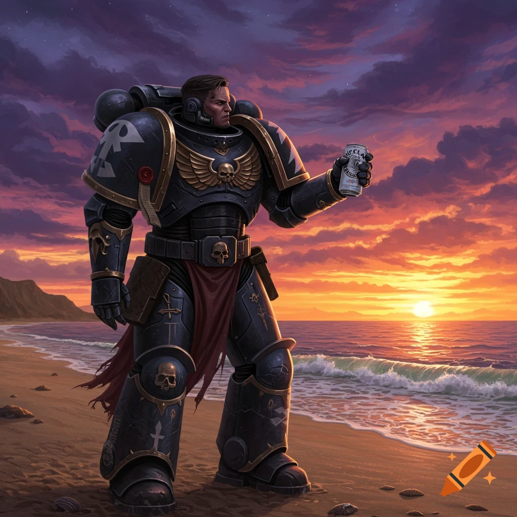 A space marine stands on a beach at sunset holding a can.