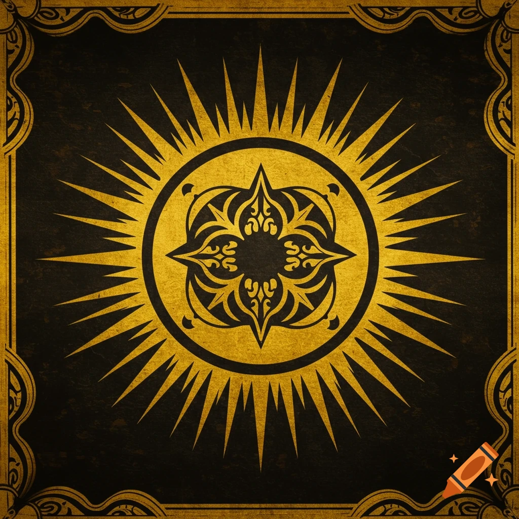 Golden sun-like symbol with ornate frame on dark background.