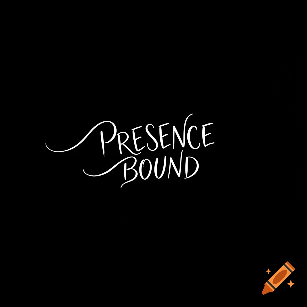 White cursive text 'PRESENCE BOUND' on a black background.