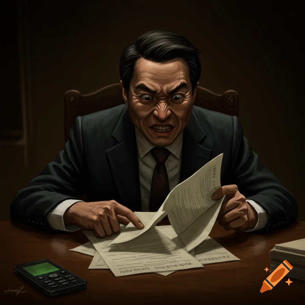 an angry man in a suit looking intently at documents