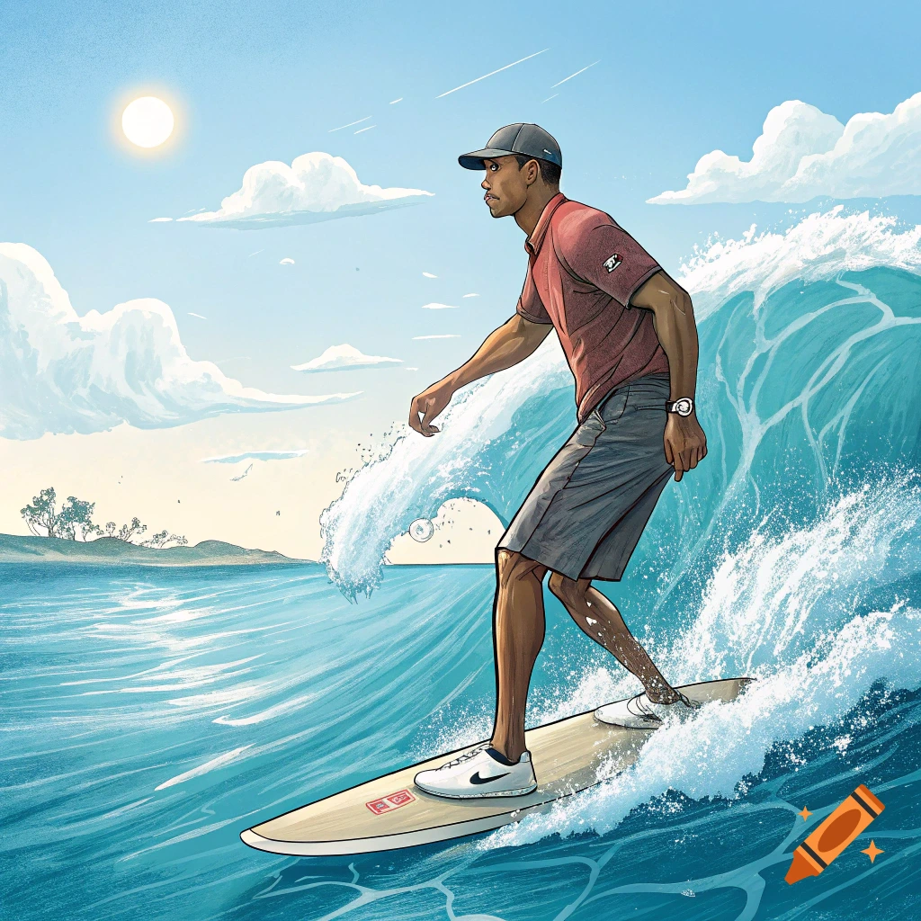 Illustration of Tiger Woods surfing a wave under a sunny sky.