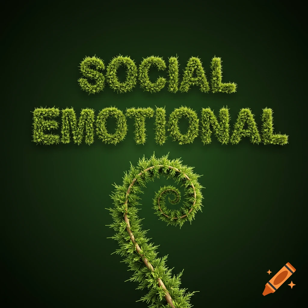 Hyperrealistic image of the words 'SOCIAL EMOTIONAL' spelled in green moss above a spiraling vine.