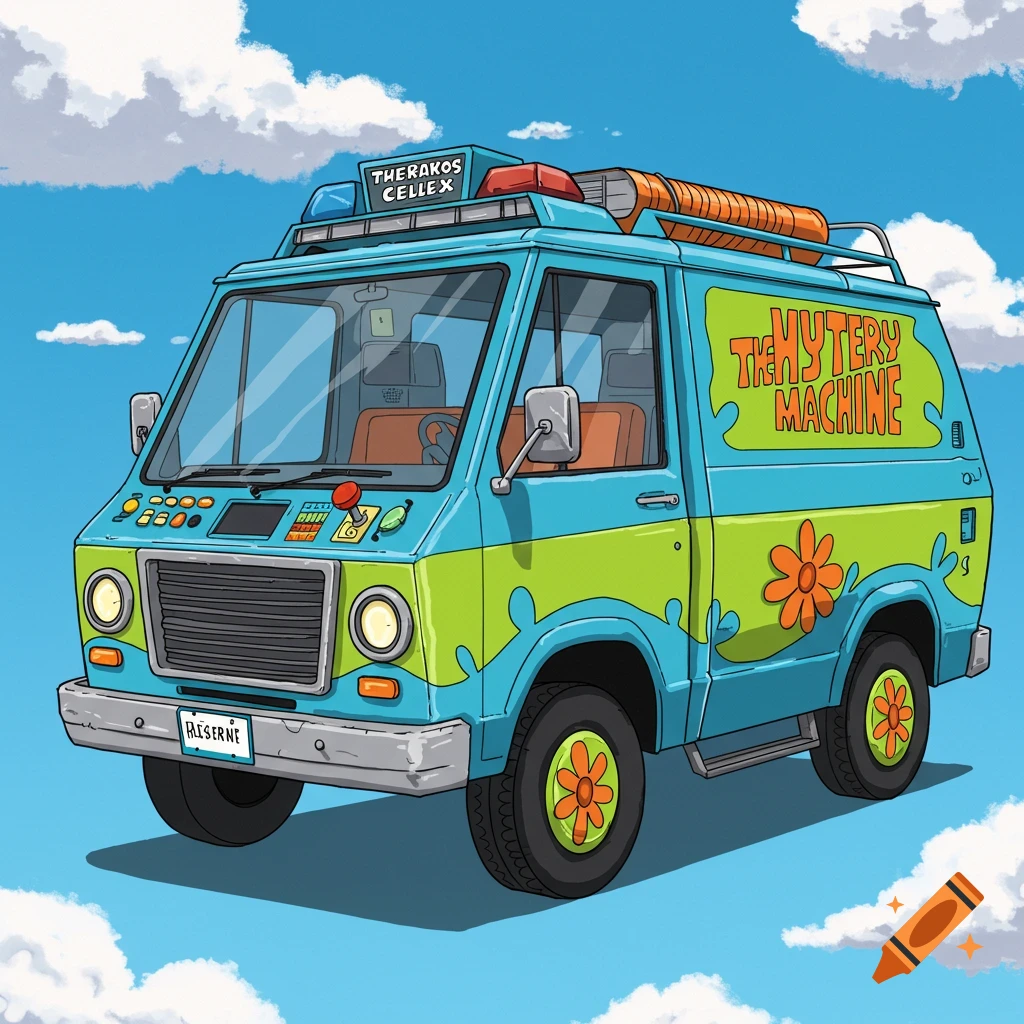 A cartoon van, the Mystery Machine, with text 'THERAKOS CELLEX' on top and 'THE MYSTERY MACHINE' on the side, against a cloudy blue sky.