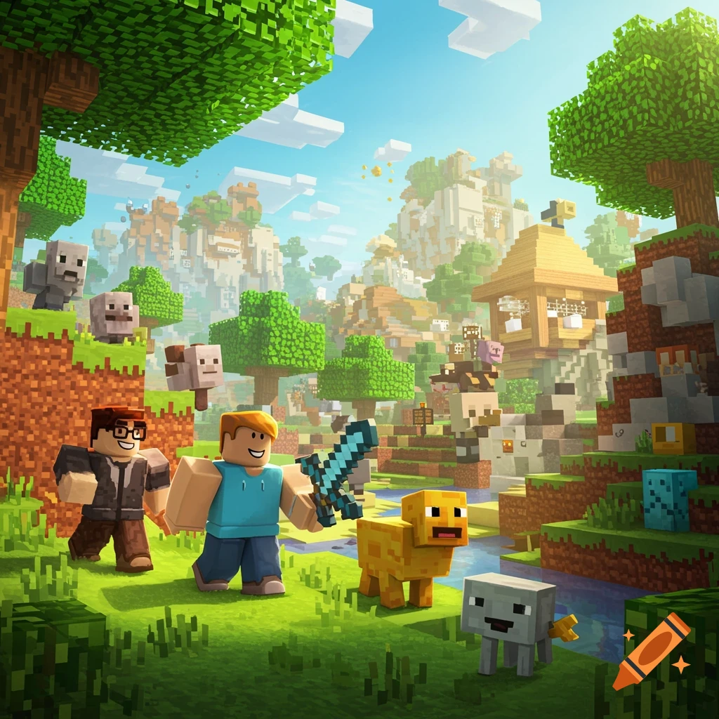 Blocky characters and creatures explore a vibrant landscape blending Minecraft and Roblox aesthetics.
