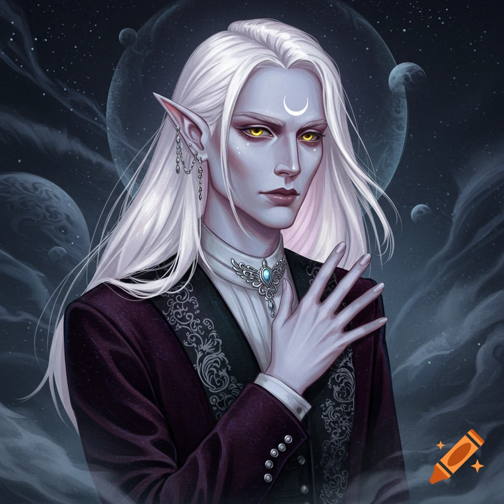 A fantasy portrait of a pale elf-like noble with long white hair and yellow eyes against a space background.