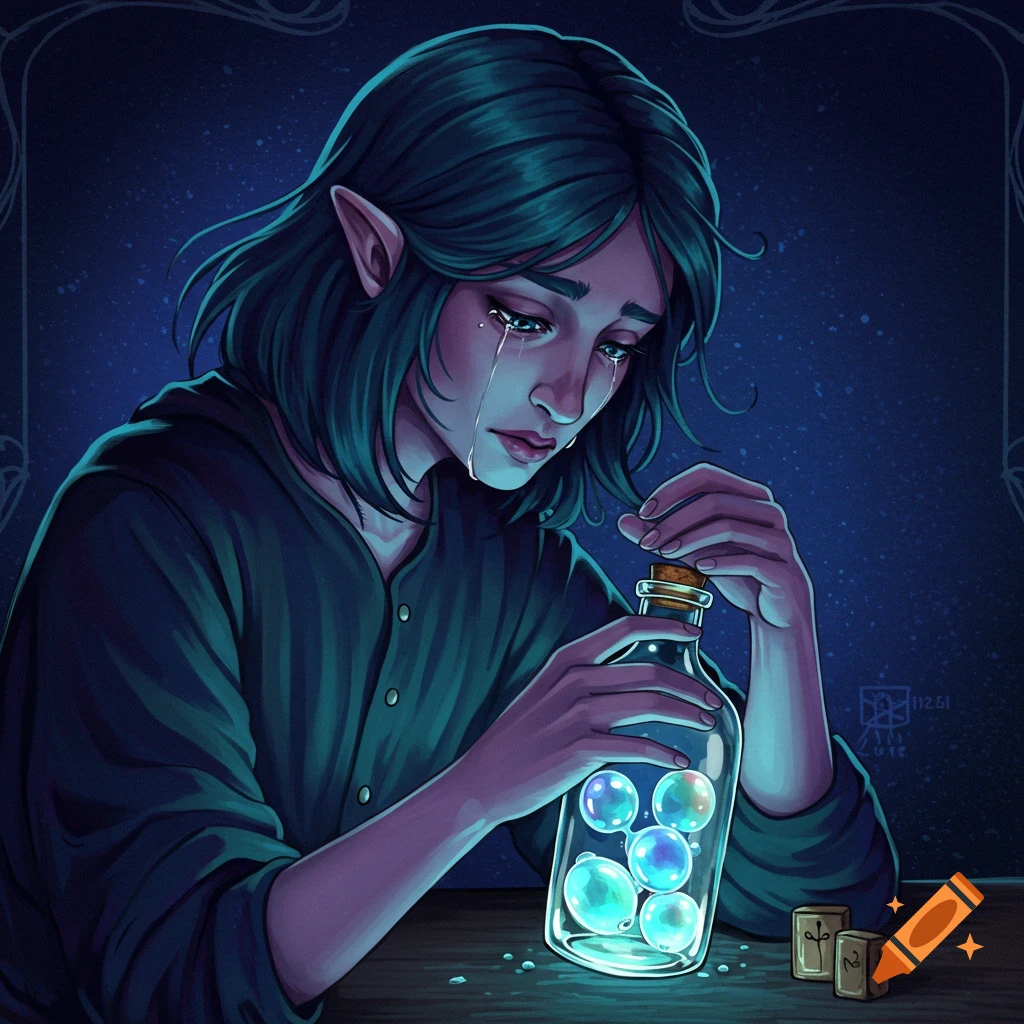 A crying elf-like person is holding a bottle of glowing bubbles.