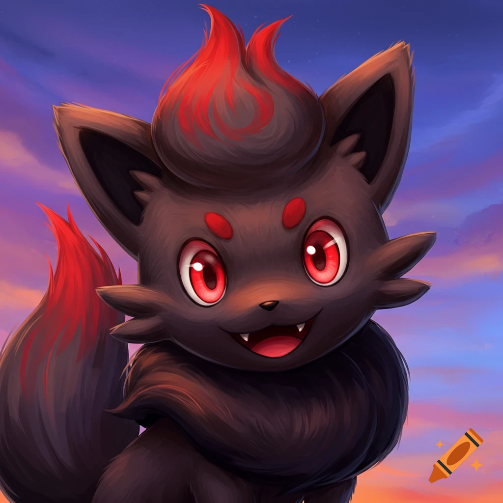 The Pok
emon Zorua stands against a vibrant sunset sky.