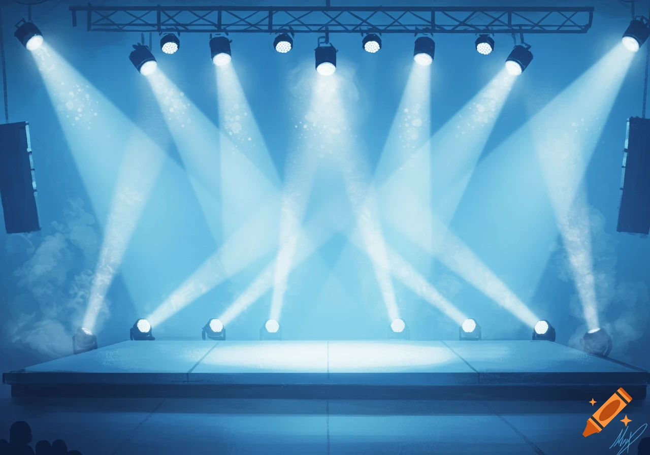 A stage illuminated by numerous blue spotlights.