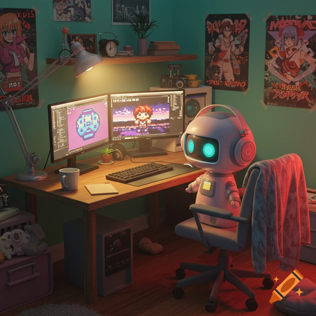 Cute robot sitting at a desk with dual monitors in a colorful, cozy room with anime posters, lofi style