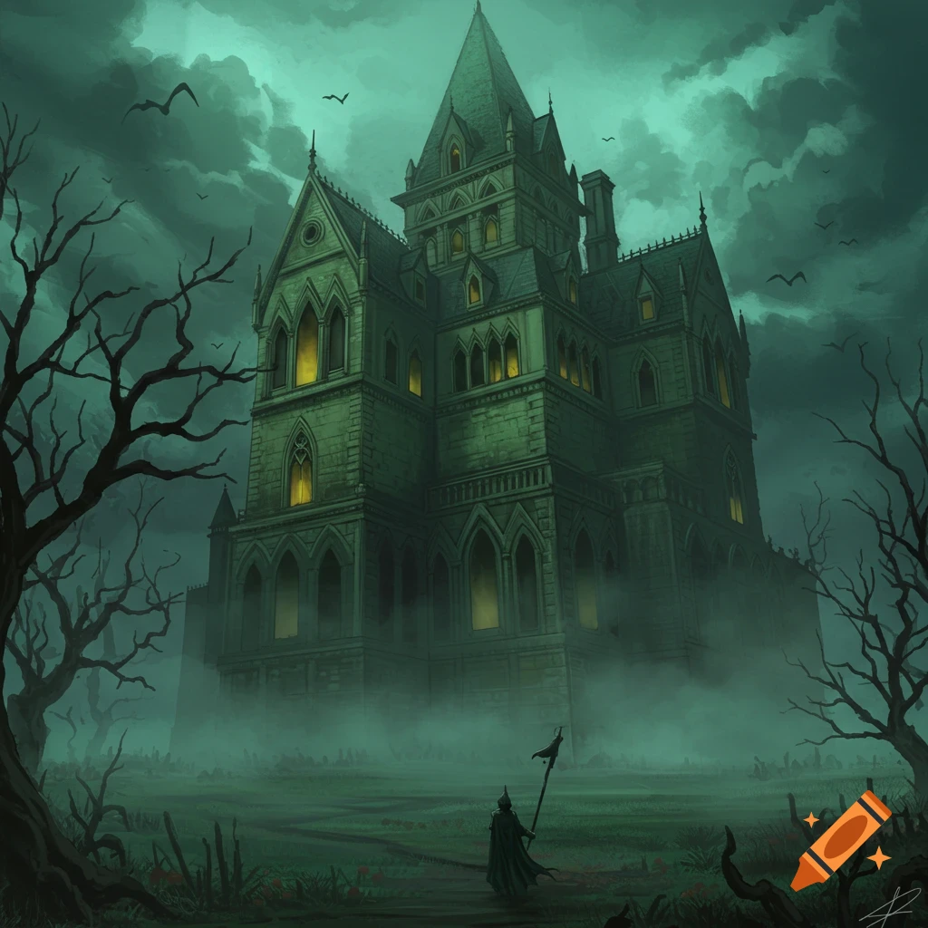Spooky green mansion in fog with a figure holding a flag.