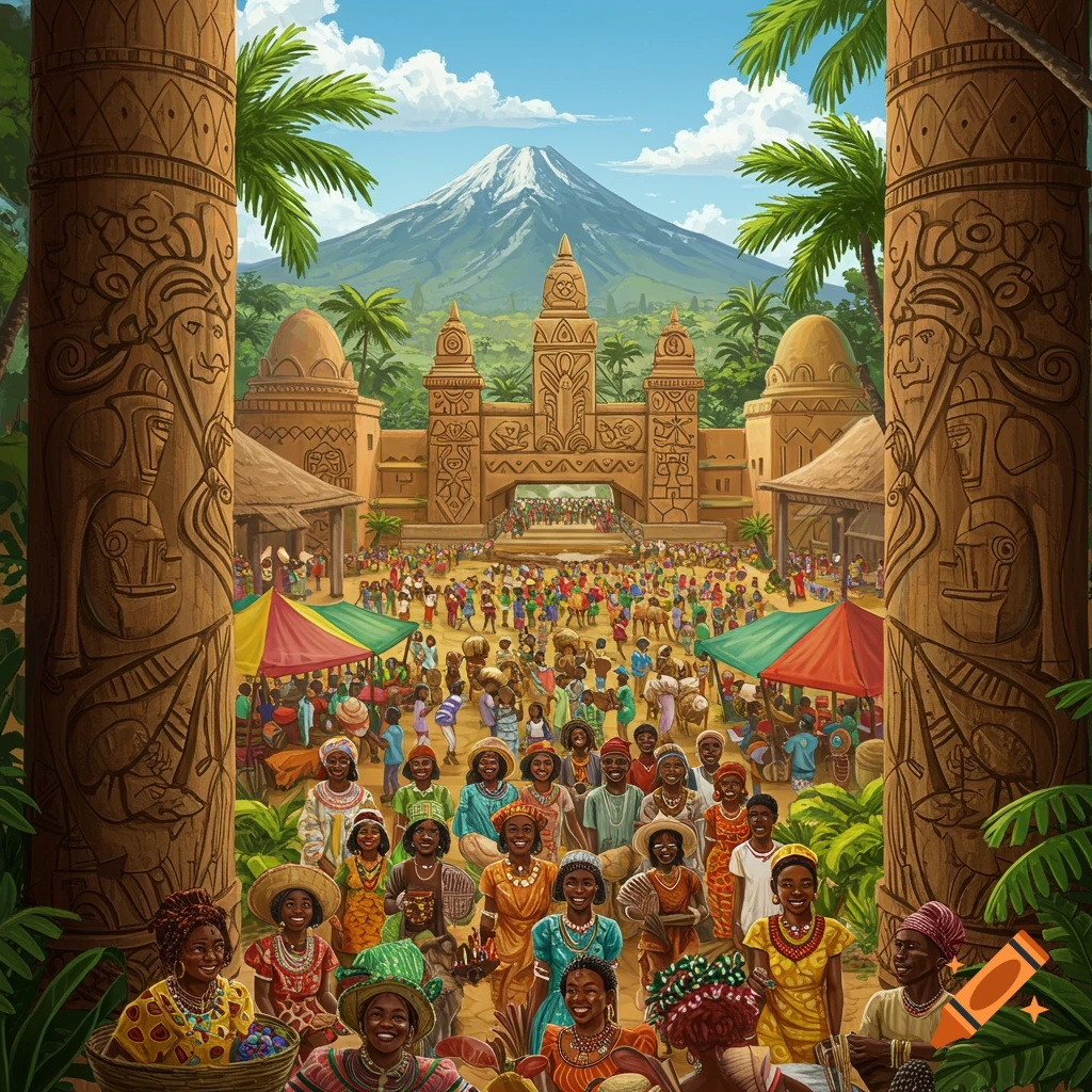 A crowded marketplace with vibrant colors, featuring traditional architecture, carved pillars, and a mountain in the background.